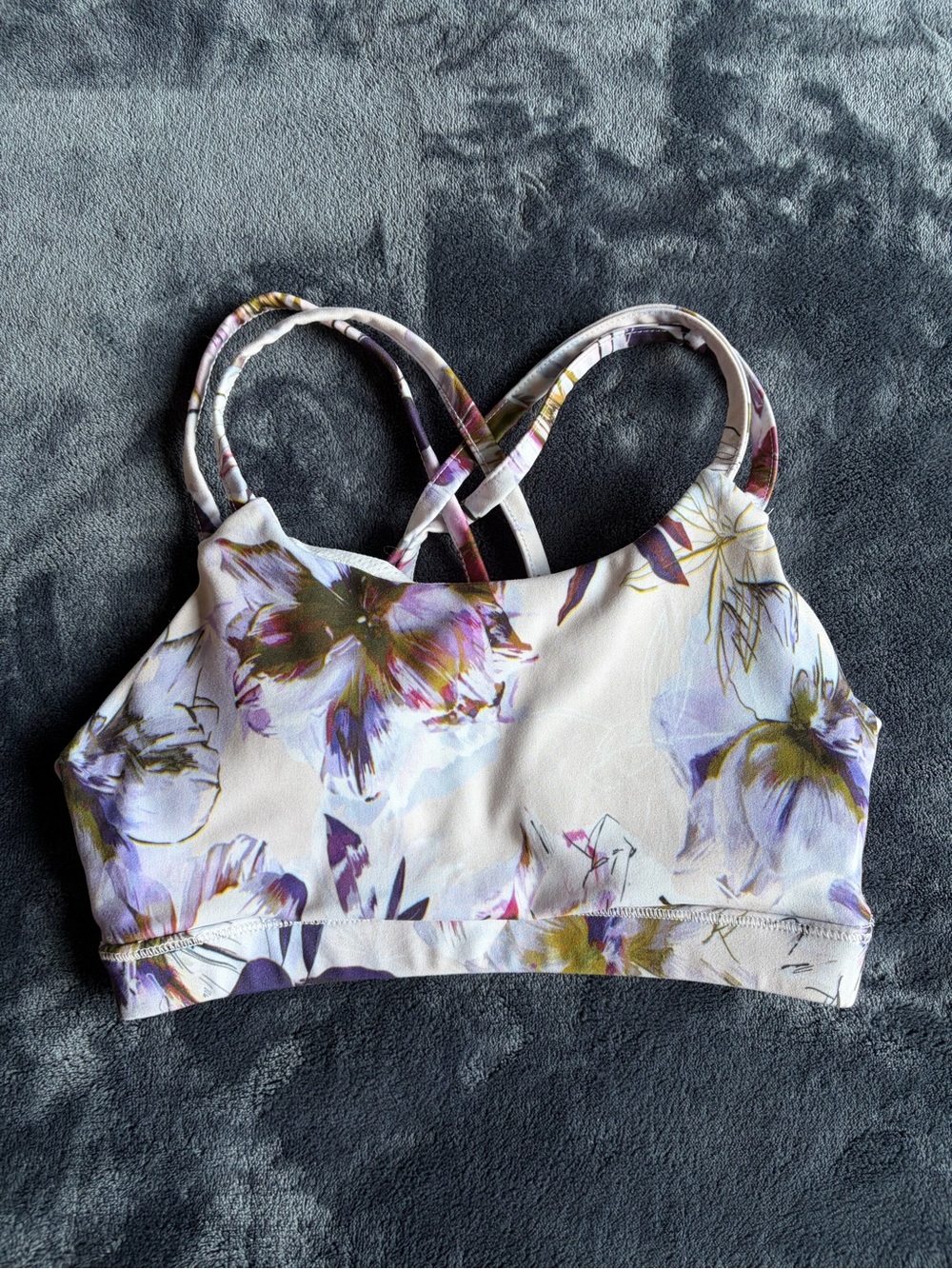 Floral Cross-Back Sports Bra in White and Purple